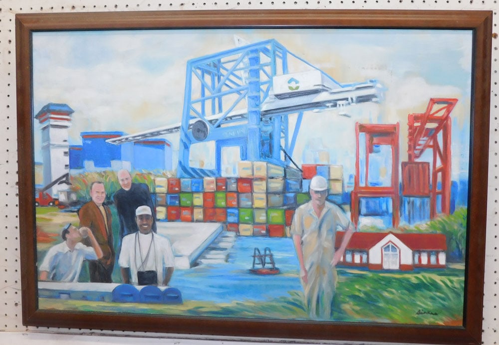 frame oil on canvas ships dock scene signed by artist (1 of 5)