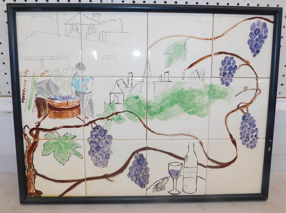frame painted porcelain tile: frame painted porcelain tile. 25 1/2" x 19 1/2" ALL DESCRIPTIONS AND ANY CONDITION STATEMENT GIVEN BY LANGSTON AUCTION GALLERY ARE STRICTLY OPINIONS AND LANGSTON'S SHALL HAVE NO RESPONSIBILITY FOR ERR