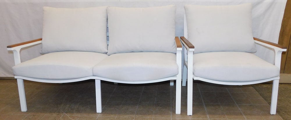 painted metal love seat and arm chair: painted metal love seat and arm chair. 55" W 32" D 31" H ALL DESCRIPTIONS AND ANY CONDITION STATEMENT GIVEN BY LANGSTON AUCTION GALLERY ARE STRICTLY OPINIONS AND LANGSTON'S SHALL HAVE NO RESPONSIBILIT