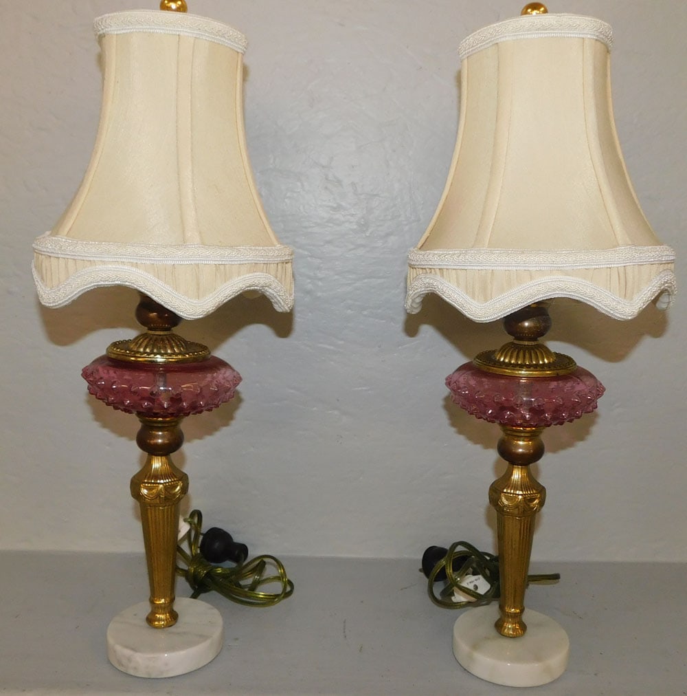 pair of cranberry glass and marble base lamps (1 of 5)