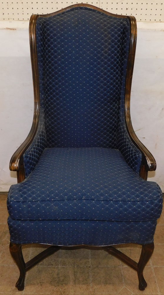 walnut upholstery French arm chair: walnut upholstery French arm chair. 46" H ALL DESCRIPTIONS AND ANY CONDITION STATEMENT GIVEN BY LANGSTON AUCTION GALLERY ARE STRICTLY OPINIONS AND LANGSTON'S SHALL HAVE NO RESPONSIBILITY FOR ERRORS OR