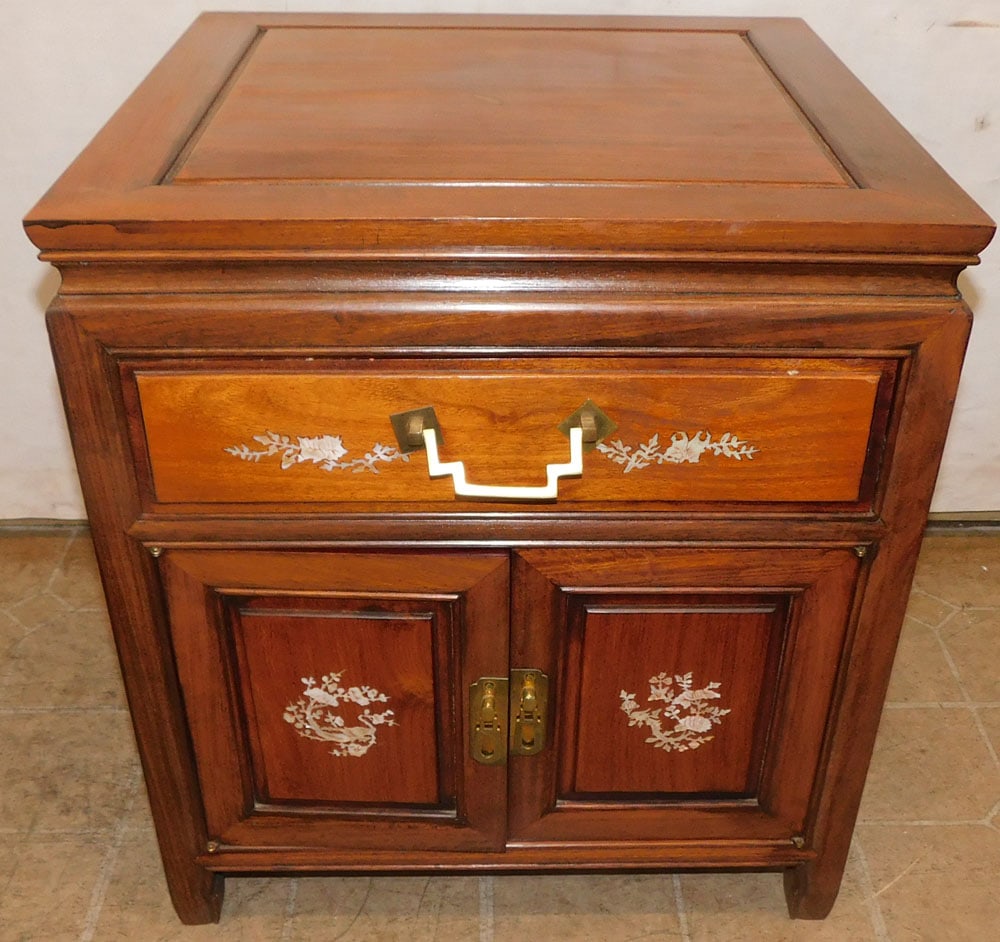 oriental teak wood night stand with mother of pearl inlay (1 of 7)