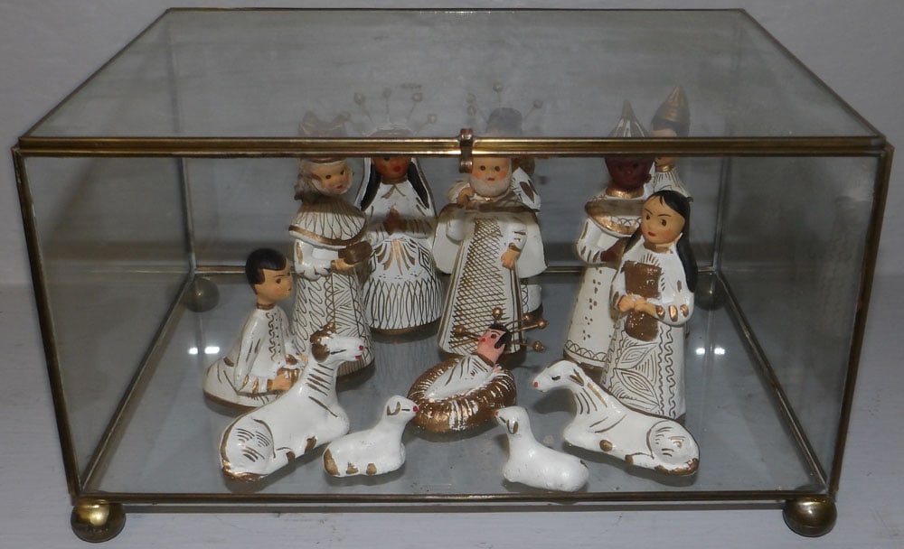 painted ceramic nativity scene in glass case (1 of 2)