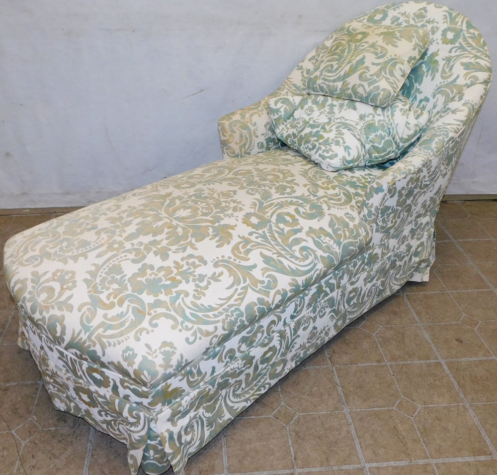 upholstered chaise lounge: upholstered chaise lounge. 54"L 26"W 31"H ALL DESCRIPTIONS AND ANY CONDITION STATEMENT GIVEN BY LANGSTON AUCTION GALLERY ARE STRICTLY OPINIONS AND LANGSTON'S SHALL HAVE NO RESPONSIBILITY FOR ERRORS OR