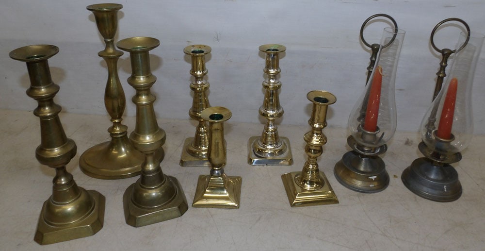 lot of antique brass candlesticks (1 of 5)