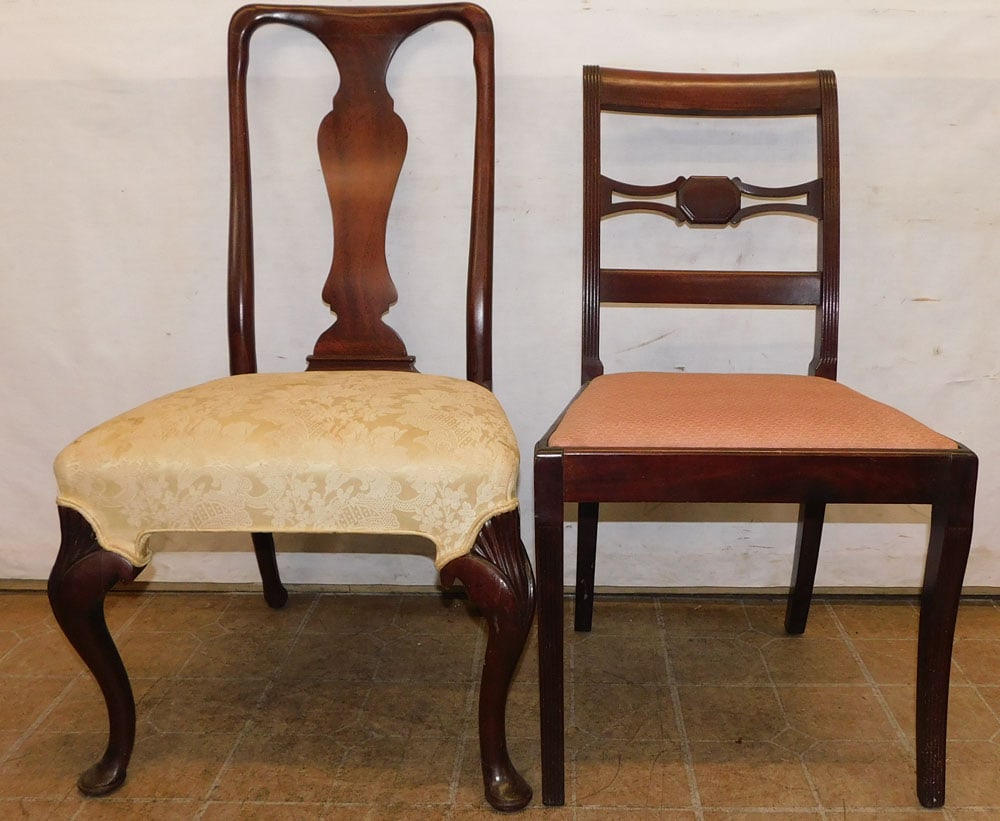 2 mahogany side chairs: 2 mahogany side chairs. Up to 39 1/2" H ALL DESCRIPTIONS AND ANY CONDITION STATEMENT GIVEN BY LANGSTON AUCTION GALLERY ARE STRICTLY OPINIONS AND LANGSTON'S SHALL HAVE NO RESPONSIBILITY FOR ERRORS OR O