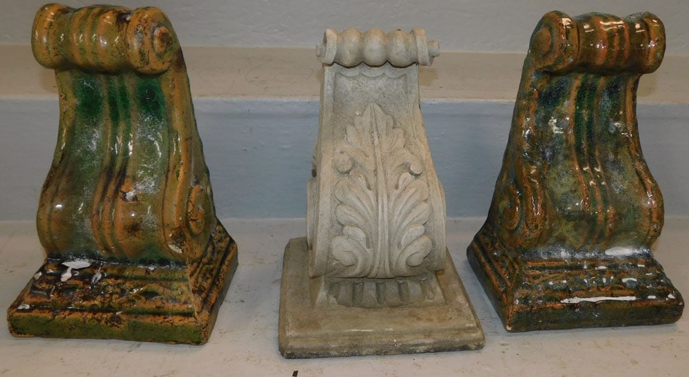 2 painted pottery wall brackets and 1 concrete bracket (1 of 5)