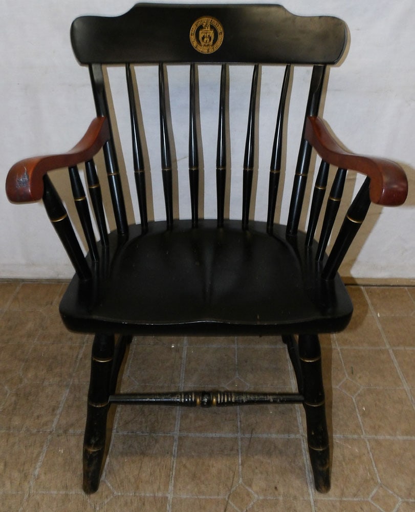 Mary Baldwin college arm chair: Mary Baldwin college arm chair. 35 3/4 H ALL DESCRIPTIONS AND ANY CONDITION STATEMENT GIVEN BY LANGSTON AUCTION GALLERY ARE STRICTLY OPINIONS AND LANGSTON'S SHALL HAVE NO RESPONSIBILITY FOR ERRORS OR 
