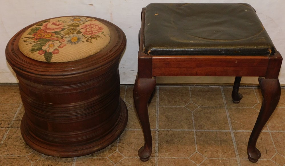 walnut stool and walnut bench: walnut stool and walnut bench . Up to 17" Dia. 17" H ALL DESCRIPTIONS AND ANY CONDITION STATEMENT GIVEN BY LANGSTON AUCTION GALLERY ARE STRICTLY OPINIONS AND LANGSTON'S SHALL HAVE NO RESPONSIBILITY FO