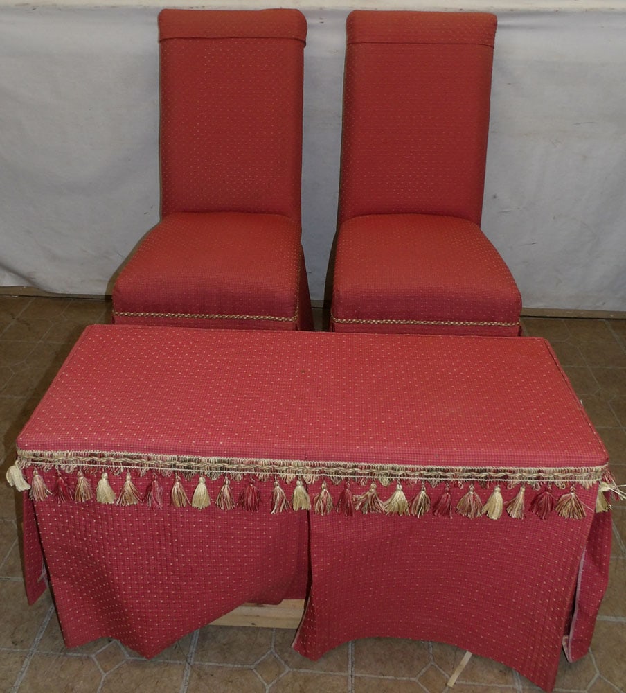 pair of upholstered side chairs and bench: pair of upholstered side chairs and bench. Up to 41 1/4" H ALL DESCRIPTIONS AND ANY CONDITION STATEMENT GIVEN BY LANGSTON AUCTION GALLERY ARE STRICTLY OPINIONS AND LANGSTON'S SHALL HAVE NO RESPONSIBIL