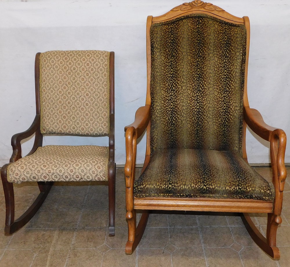 two mahogany rockers, (1 goose neck): two mahogany rockers, (1 goose neck). Up to 39" H ALL DESCRIPTIONS AND ANY CONDITION STATEMENT GIVEN BY LANGSTON AUCTION GALLERY ARE STRICTLY OPINIONS AND LANGSTON'S SHALL HAVE NO RESPONSIBILITY FOR E