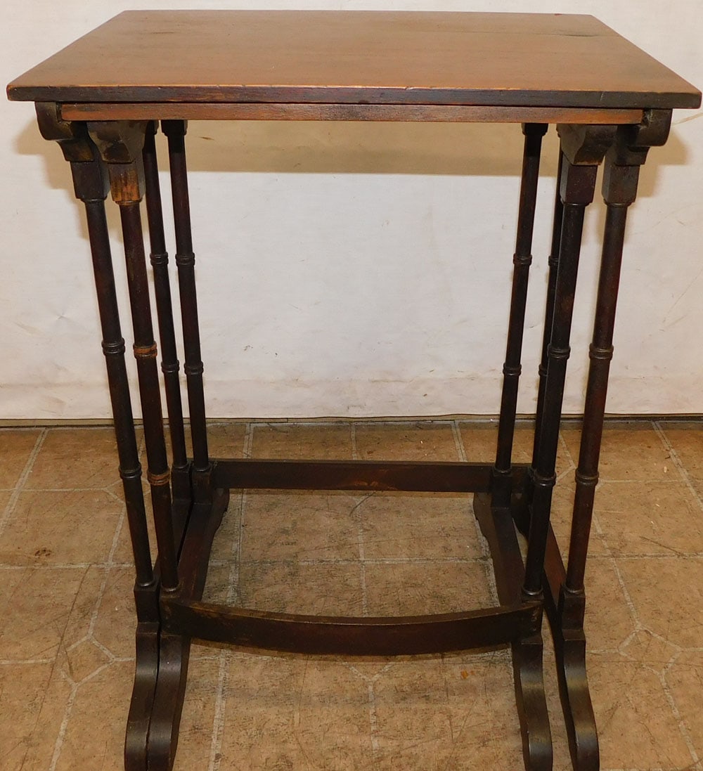 two mahogany nesting tables: two mahogany nesting tables. 18 1/2" W 13 3/4" D 24 3/4" H ALL DESCRIPTIONS AND ANY CONDITION STATEMENT GIVEN BY LANGSTON AUCTION GALLERY ARE STRICTLY OPINIONS AND LANGSTON'S SHALL HAVE NO RESPONSIBIL
