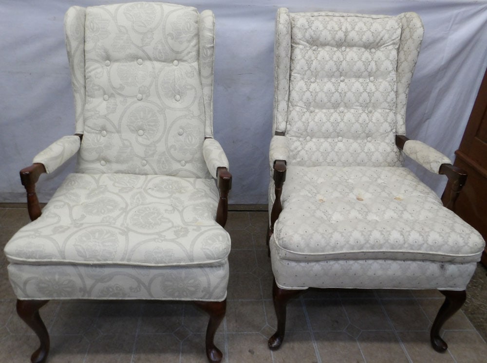 pair of cherry upholstered arm chairs (1 of 4)