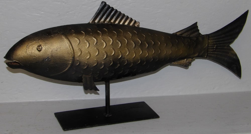 Gilt & Paint Decorated Metal Fish Folk Art Sculpture on Stand (1 of 4)