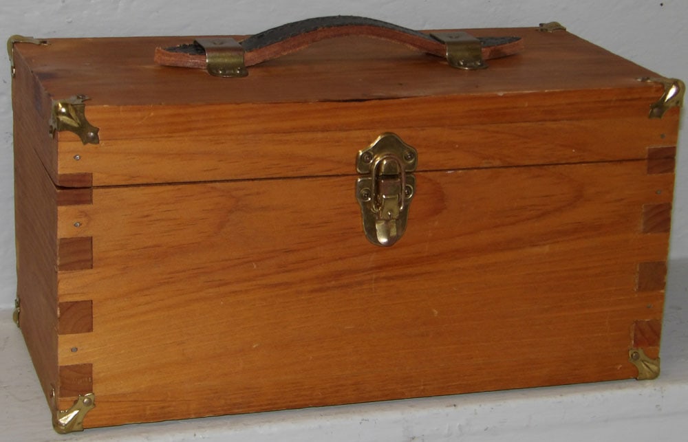 Leather Handle Dovetailed Pine Carpenter's Box by George Stafford & Sons: Leather Handle Dovetailed Pine Carpenter's Box by George Stafford & Sons. ALL DESCRIPTIONS AND ANY CONDITION STATEMENT GIVEN BY LANGSTON AUCTION GALLERY ARE STRICTLY OPINIONS AND LANGSTON'S SHALL HAVE