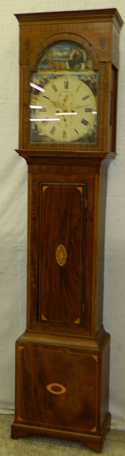 Inlaid mah HW 19th C grandfather clock.: 19th C inlaid mahogany Hepplewhite grandfather clock from Paisley. Maker Dan Duff. 88" tall.