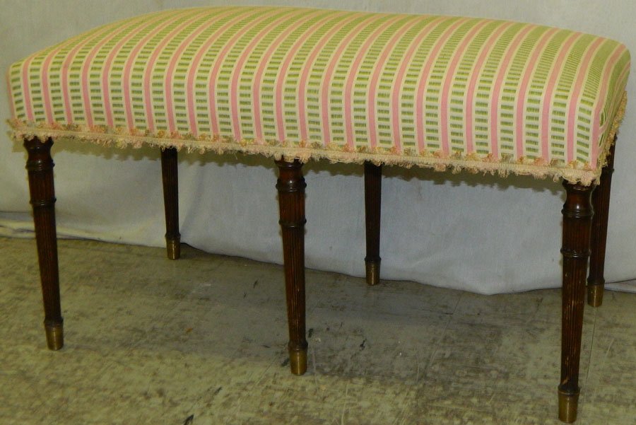 6 leg Sheraton bench w/ mah legs.: Six leg Sheraton bench with mahogany legs and brass feet. 33" wide x 19" deep x 19 1/2" tall.