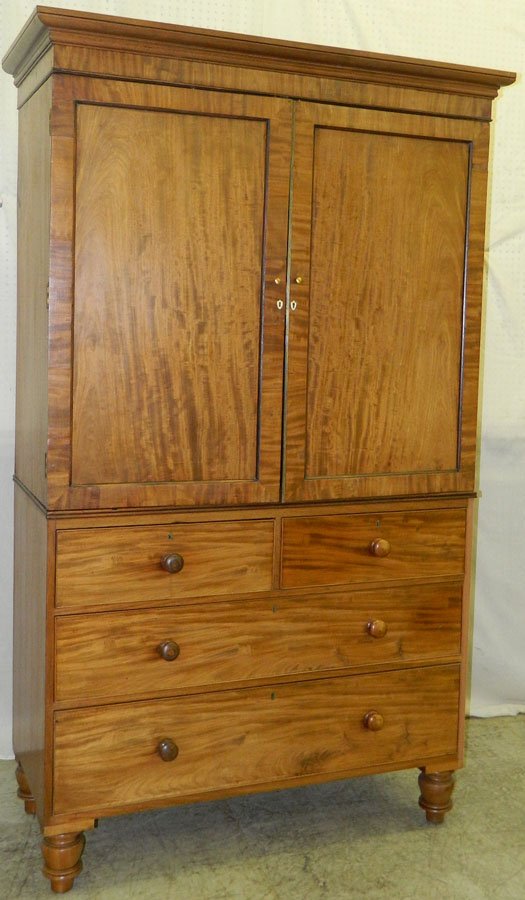 19th C Bleach mah linen press w/ original trays.: 19th C Bleach mahogany linen press with original trays. 48" wide x 22" deep x 85" tall.