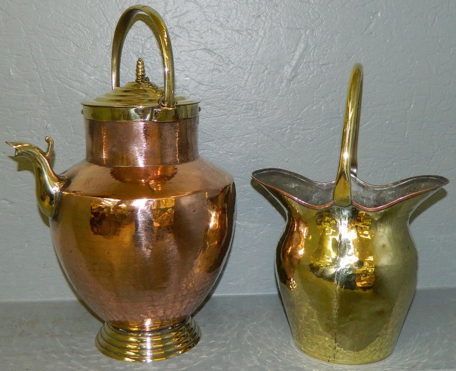 Copper & brass wine ewer & brass water bucket.: Copper and brass wine ewer and brass water bucket. 13 1/2" and 16" tall.