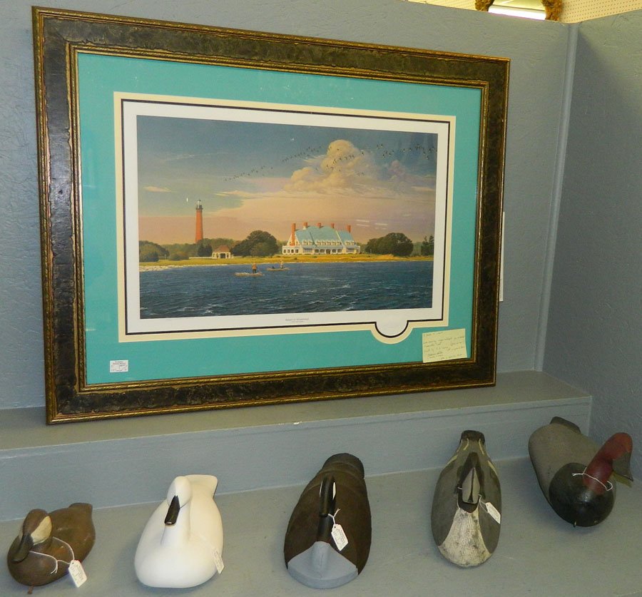 5 decoys carved by Wayne Waterfield.: 5 decoys carved by Wayne Waterfield for Whalehead Preservation Trust and 1 print by R.B. Dance. Print is signed and numbered. Print is 43 1/2" x 33".