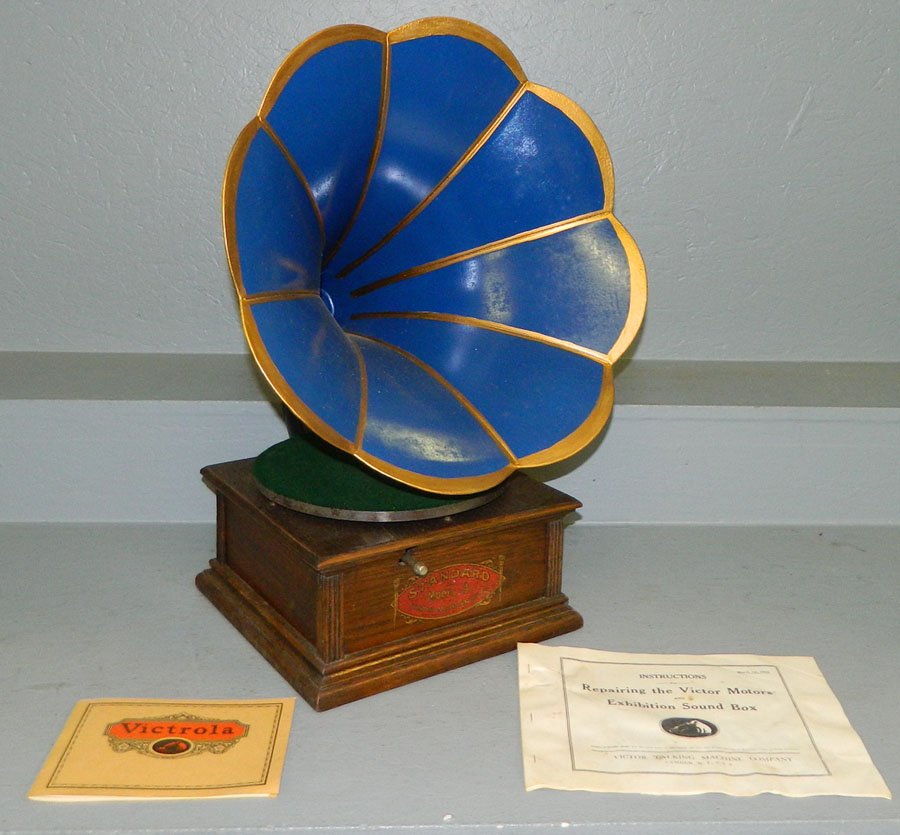 Standard Model A record player.: Standard Model A record player with decorated morning glory metal horn. 22 1/2" tall.