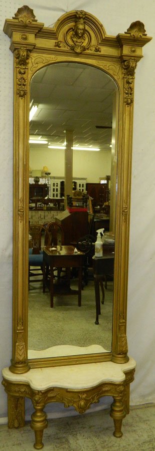 Gold leaf pier mirror with base and jelliff.: Gold leaf pier mirror with base and jelliff. 8 ft. tall.