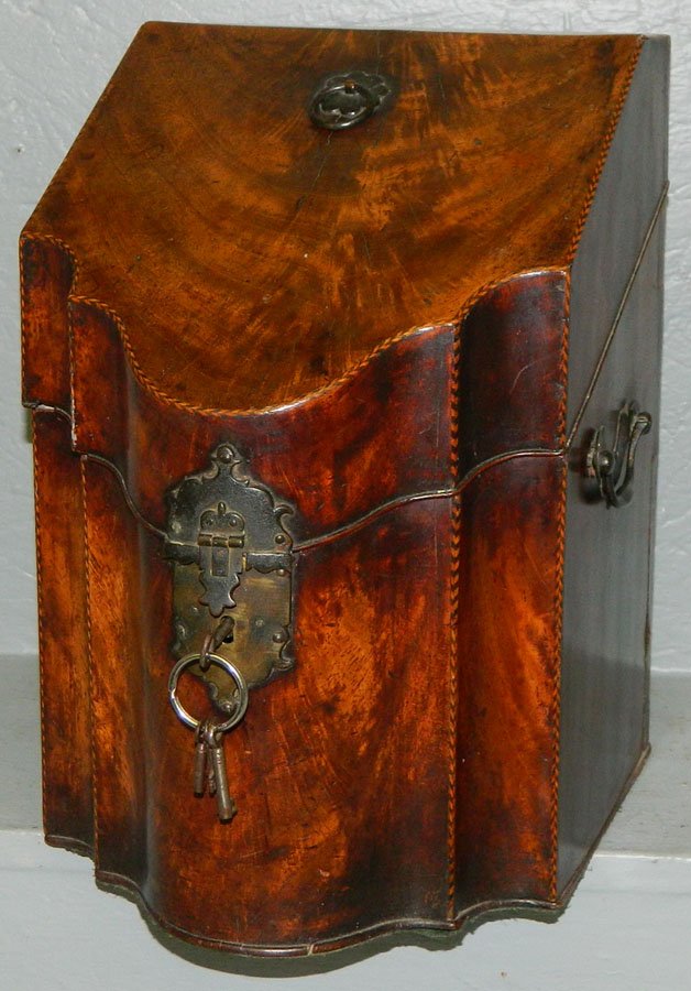 Period inlaid mah HW knife box with fittings.: Period inlaid mahogany Hepplewhite knife box with fittings.