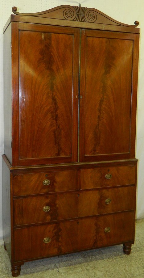 19th C mah.Sheraton linen press with slides.: 19th Century mahogany Sheraton linen press with slides. Circa 1820-1830. 47 1/2" wide x 19 3/4" deep x 90" tall.