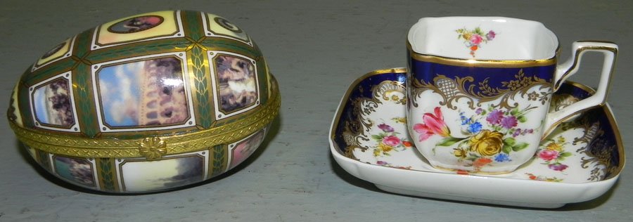 Limoges egg box and Sevres cup and saucer.: Limoges egg box and Sevres cup and saucer.