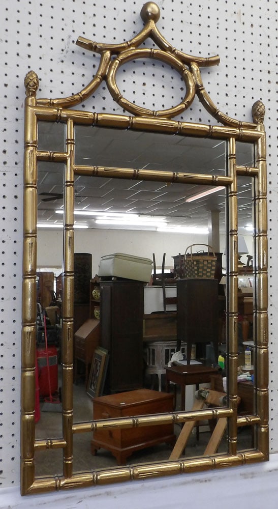 Gilded Faux Bamboo Frame Pagoda Shaped Top Mirror (1 of 4)