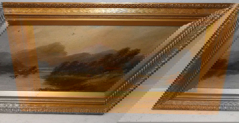 Antique Gilded Frame Oil on Board of Lake Scene (1 of 4)
