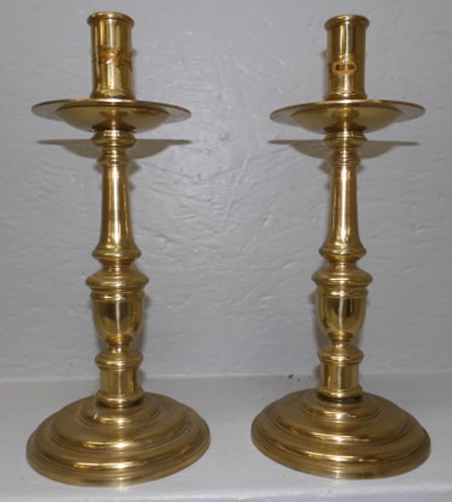 Pair of Brass Candlesticks: Pair of Brass Candlesticks. 12 3/4" H "ALL DESCRIPTIONS AND ANY CONDITION STATEMENT GIVEN BY LANGSTON AUCTION GALLERY ARE STRICTLY OPINIONS AND LANGSTON'S SHALL HAVE NO RESPONSIBILITY FOR ERRORS OR OM