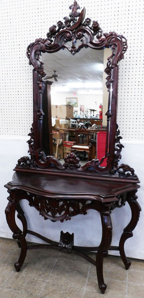 Carved Mahogany Two Piece Console with Mirror (1 of 9)