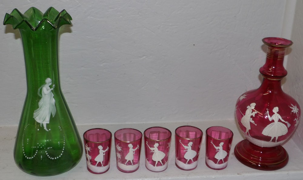Seven Piece Cranberry & Emerald Green Mary Gregory Glass Lot (1 of 6)