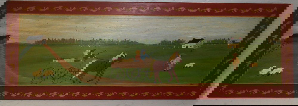 Painted Folk Art Farm Scene Wood Panel Artist Signed (1 of 5)