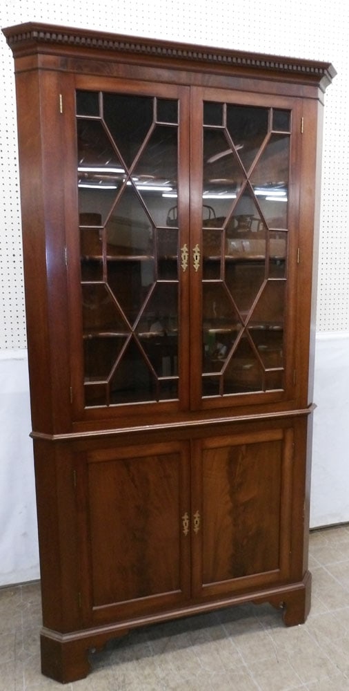 Mahogany Two Piece Glass Door Corner Cabinet with Dental Molding Crest (1 of 5)
