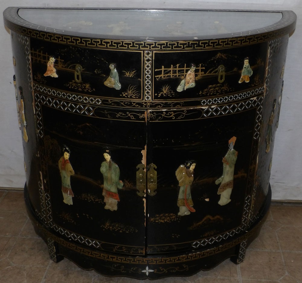 Oriental Paint Decorated Bow Front Cabinet with Carved Stone Mounts (1 of 8)