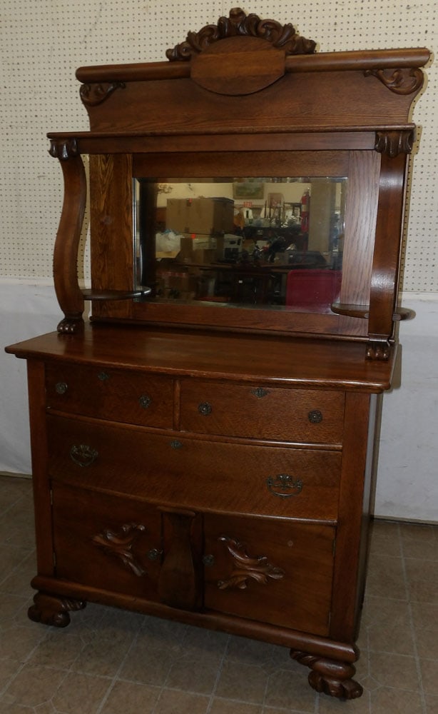 Antique Carved Oak Sideboard with Mirror Backsplash (1 of 6)