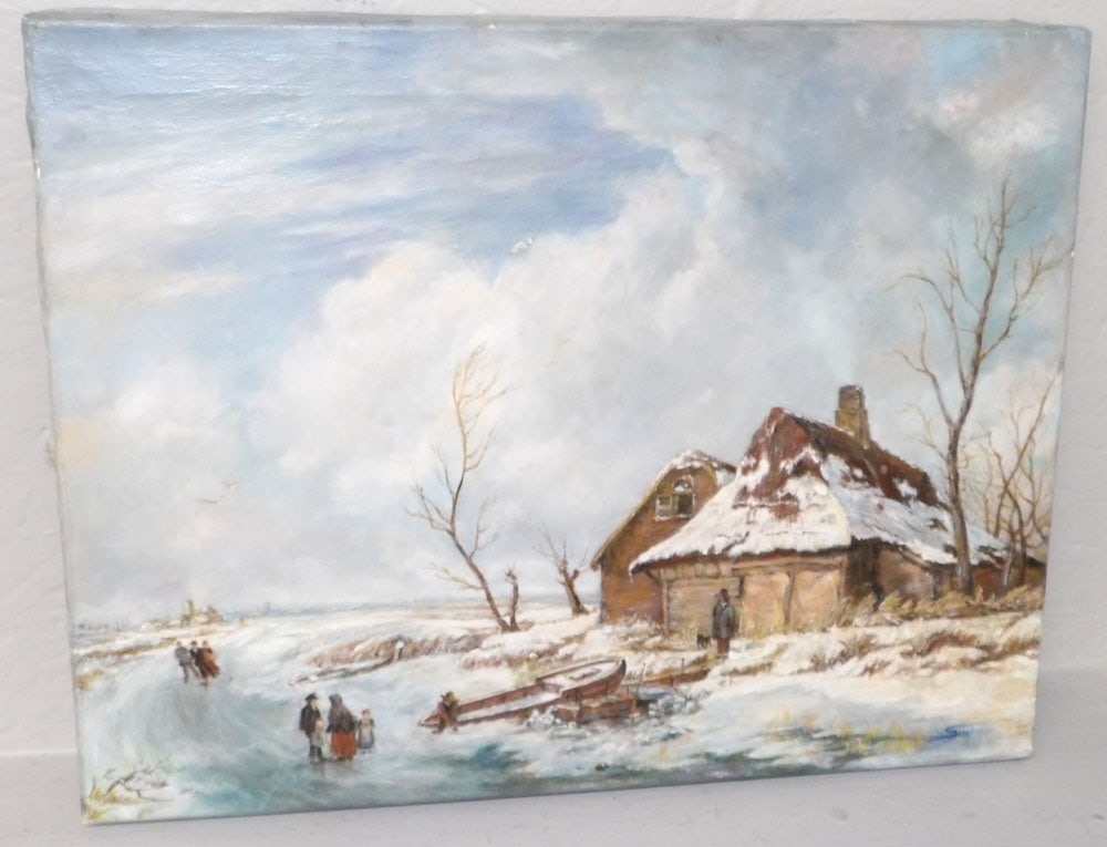 Oil on Canvas Winter Dutch Scene Artist Signed: Oil on Canvas Winter Dutch Scene Artist Signed. 18" x 14" "ALL DESCRIPTIONS AND ANY CONDITION STATEMENT GIVEN BY LANGSTON AUCTION GALLERY ARE STRICTLY OPINIONS AND LANGSTON'S SHALL HAVE NO RESPONSIBIL