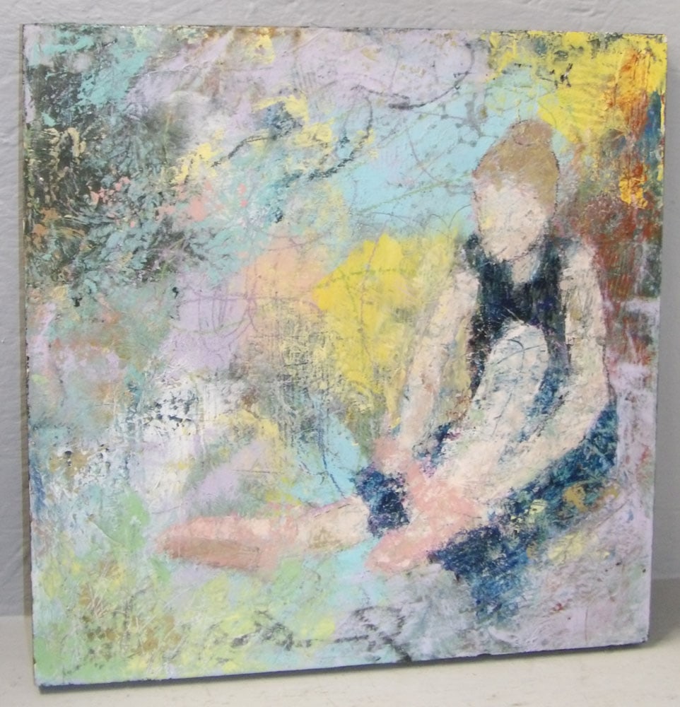 Modern Mixed Media Abstract Painting on Board of Ballerina Signed by Gini Mallory, Richmond, VA: Modern Mixed Media Abstract Painting on Board of Ballerina Signed by Gini Mallory, Richmond, VA. 18" Dia. "ALL DESCRIPTIONS AND ANY CONDITION STATEMENT GIVEN BY LANGSTON AUCTION GALLERY ARE STRICTLY O
