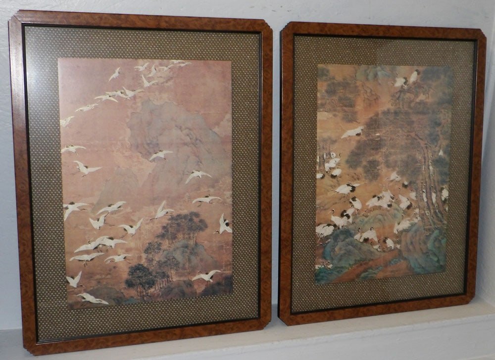 Pair of Burled Framed & Matted Oriental Prints of "The Flight of Cranes" from The Carriage House (1 of 7)