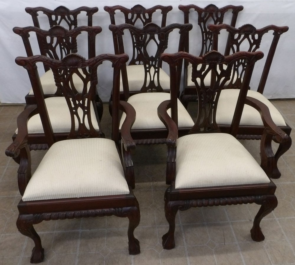 Set of Eight Carved Mahogany Dining Chairs with Ball & Claw Feet: Set of Eight Carved Mahogany Dining Chairs with Ball & Claw Feet. 39" H "ALL DESCRIPTIONS AND ANY CONDITION STATEMENT GIVEN BY LANGSTON AUCTION GALLERY ARE STRICTLY OPINIONS AND LANGSTON'S SHALL HAVE