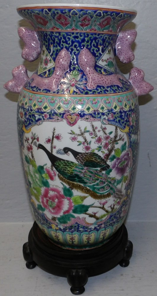 Oriental Painted Porcelain Vase on Teak Wood Stand with Pheasant Motif (1 of 5)