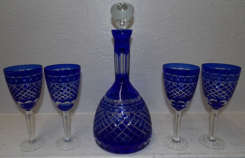 Five Piece Cobalt Cut to Clear Decanter Set (1 of 3)