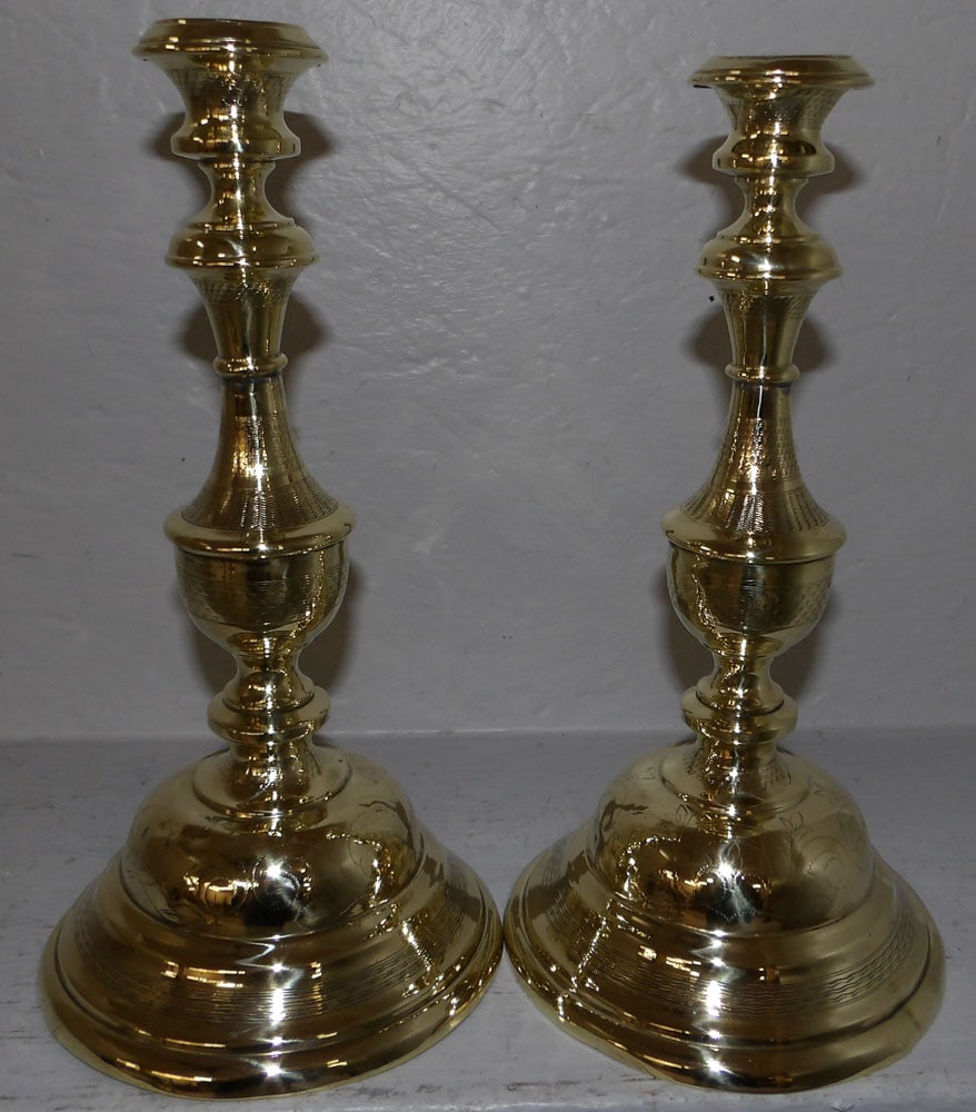 Pair of Antique Round Base Brass Candlesticks (1 of 3)