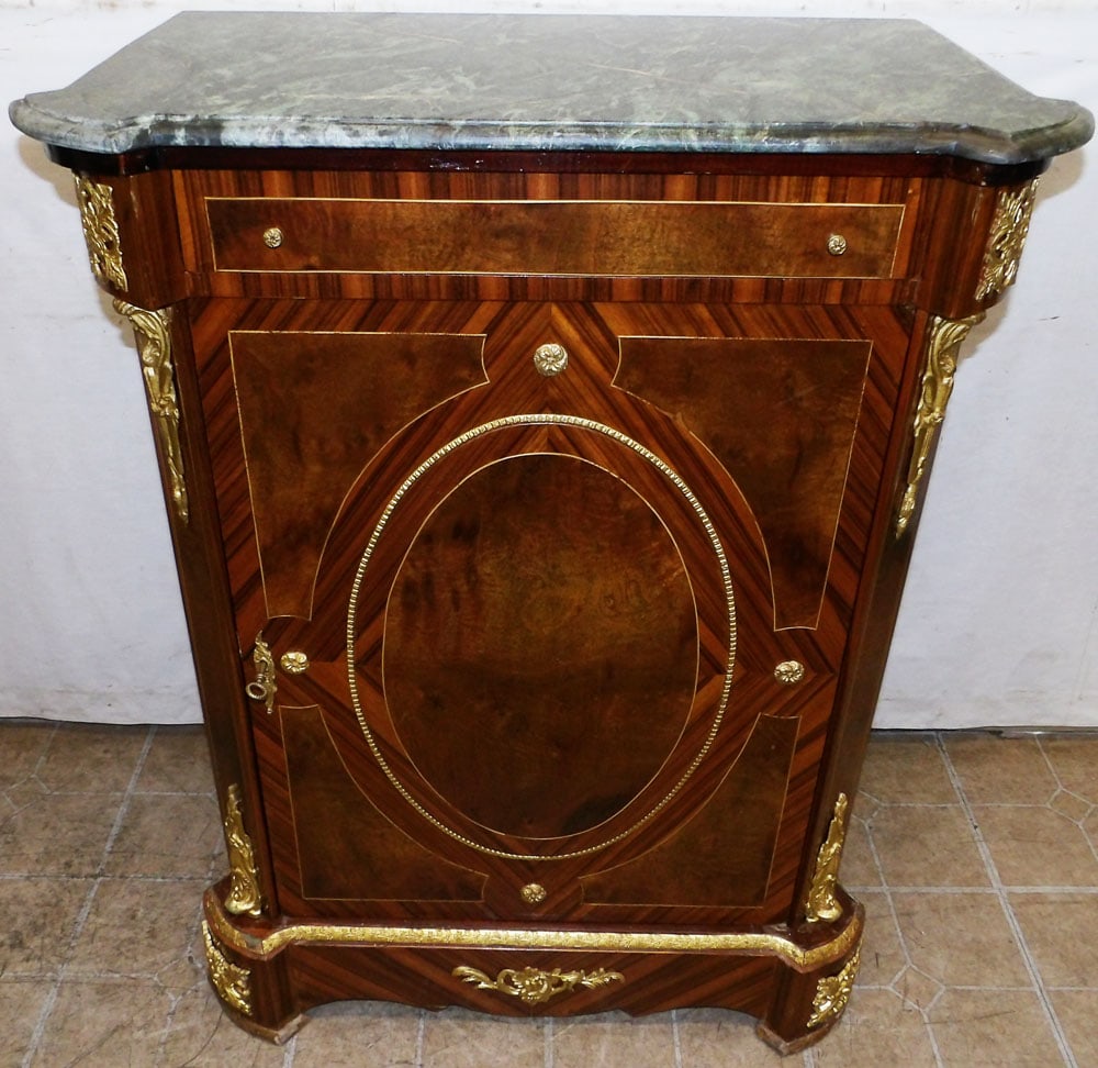 Rosewood & Walnut Inlaid Marble Top French Cabinet with Bronze Ormolu (1 of 10)