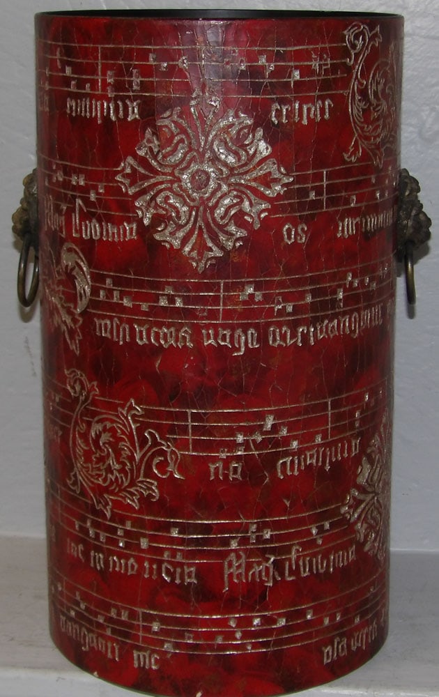 Painted Metal Umbrella Stand with Calligraphy Motif & Lion Head Handles: Painted Metal Umbrella Stand with Calligraphy Motif & Lion Head Handles. 9" Dia. 16" H "ALL DESCRIPTIONS AND ANY CONDITION STATEMENT GIVEN BY LANGSTON AUCTION GALLERY ARE STRICTLY OPINIONS AND LANGSTO