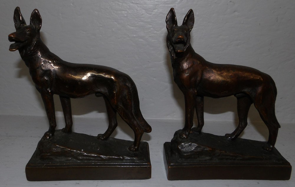 Pair of Bronze Finish German Shepherd Bookends Signed Paul Herzel (1 of 4)