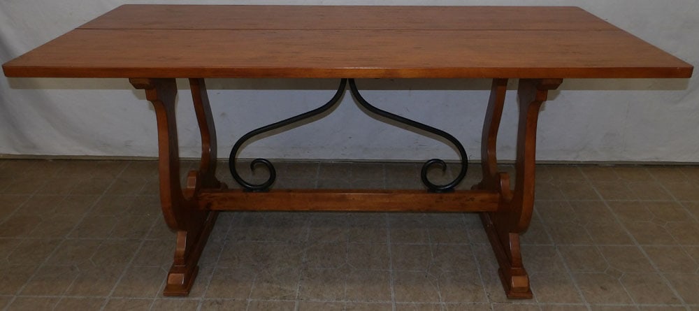 Solid Mahogany Fold Over Top Iron Support Trestle Table: Solid Mahogany Fold Over Top Iron Support Trestle Table . 71" L 15 1/2" D 32" H "ALL DESCRIPTIONS AND ANY CONDITION STATEMENT GIVEN BY LANGSTON AUCTION GALLERY ARE STRICTLY OPINIONS AND LANGSTON'S SHA