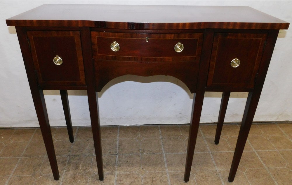 Mahogany & Satinwood Banded Top Brandy Board by Salem Square: Mahogany & Satinwood Banded Top Brandy Board by Salem Square. 42" W 17" D 35 1/2" H "ALL DESCRIPTIONS AND ANY CONDITION STATEMENT GIVEN BY LANGSTON AUCTION GALLERY ARE STRICTLY OPINIONS AND LANGSTON'S